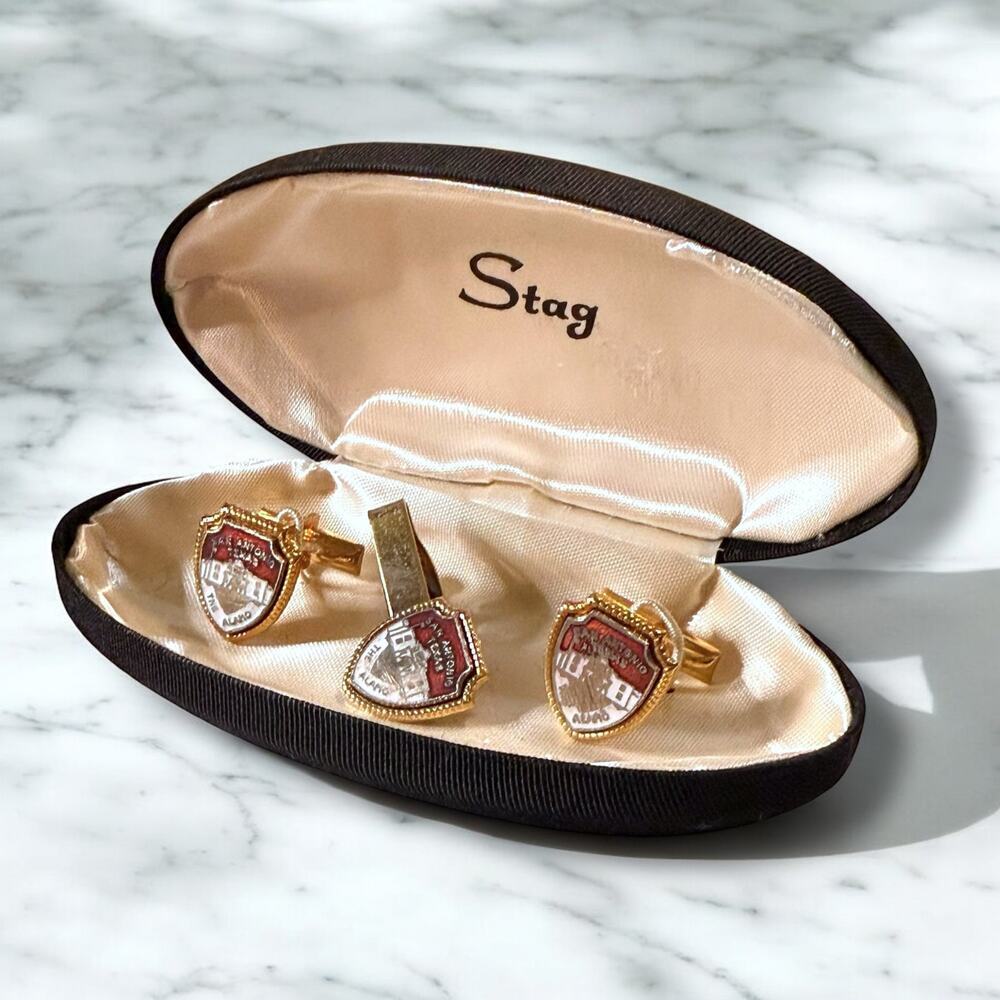 Vintage Stag Cufflinks and Tie Clip Set Gold Tone Enamel San Antonio Alamo